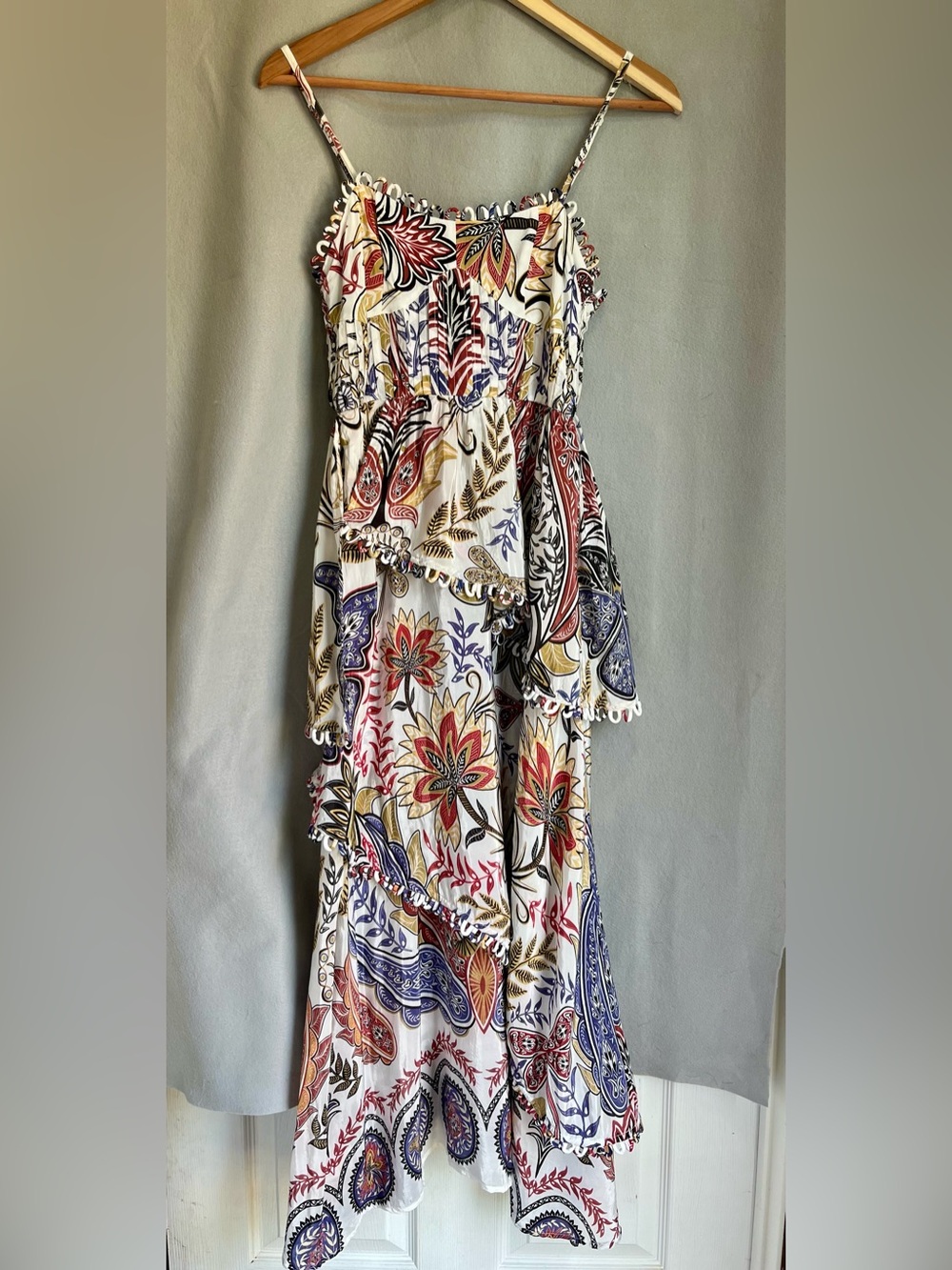 Farm Rio Boho Floral classy Tiered Maxi Dress Multicolor Paisley botanical